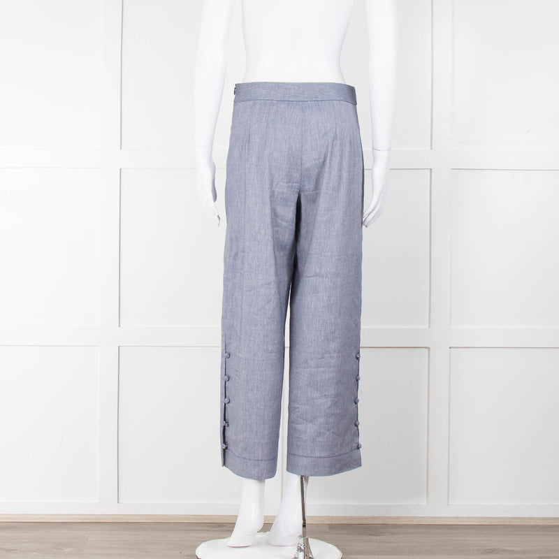 Club Monaco Blue Wide Leg Chambray Wide Leg Trousers with Covered Button Detailing