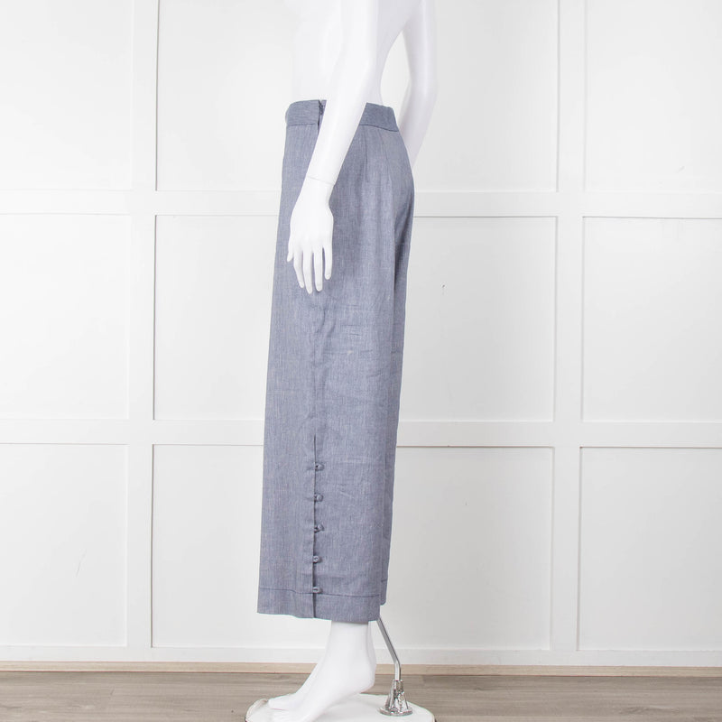 Club Monaco Blue Wide Leg Chambray Wide Leg Trousers with Covered Button Detailing