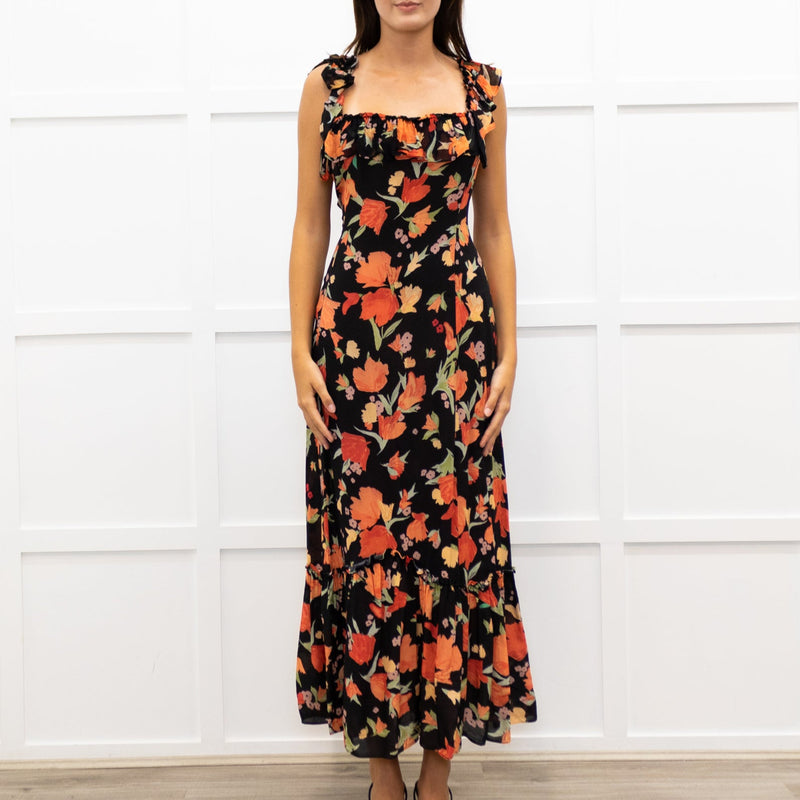 Rixo Black June Floral Square Neck Off Shoulder Midi Dress