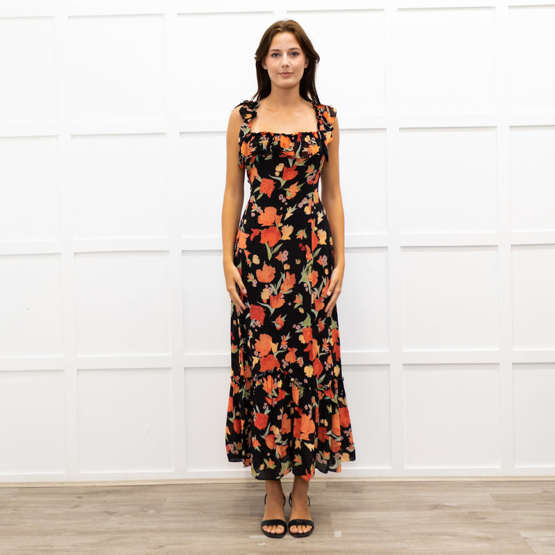 Rixo Black June Floral Square Neck Off Shoulder Midi Dress