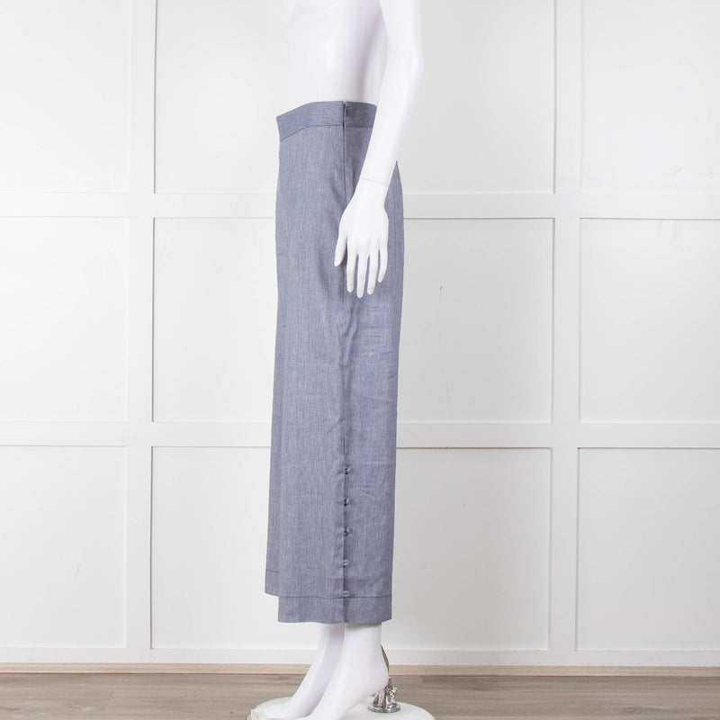 Club Monaco Blue Wide Leg Chambray Wide Leg Trousers with Covered Button Detailing