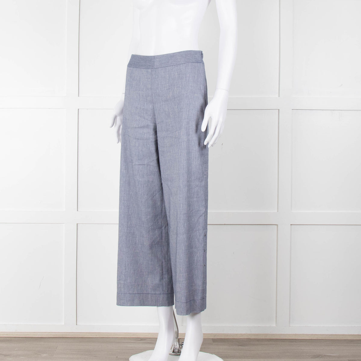 Club Monaco Blue Wide Leg Chambray Wide Leg Trousers with Covered Button Detailing