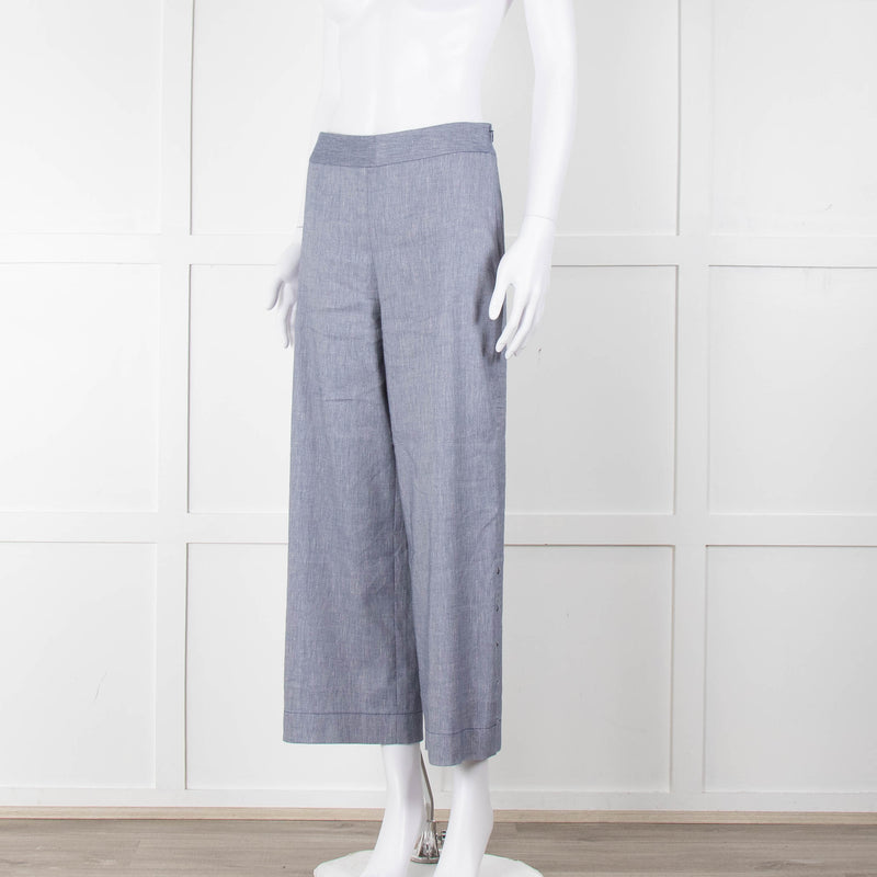 Club Monaco Blue Wide Leg Chambray Wide Leg Trousers with Covered Button Detailing
