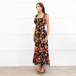 Rixo Black June Floral Square Neck Off Shoulder Midi Dress