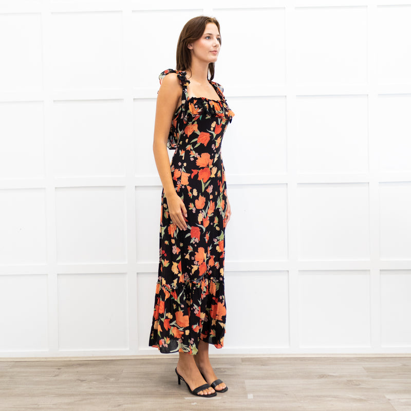 Rixo Black June Floral Square Neck Off Shoulder Midi Dress