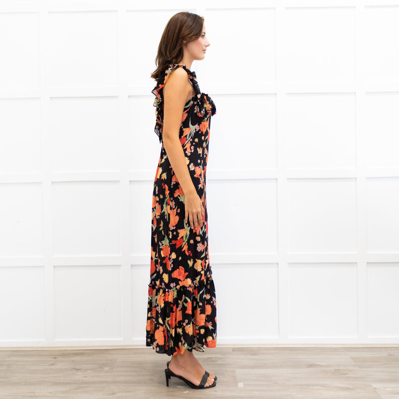 Rixo Black June Floral Square Neck Off Shoulder Midi Dress