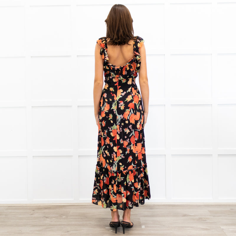 Rixo Black June Floral Square Neck Off Shoulder Midi Dress