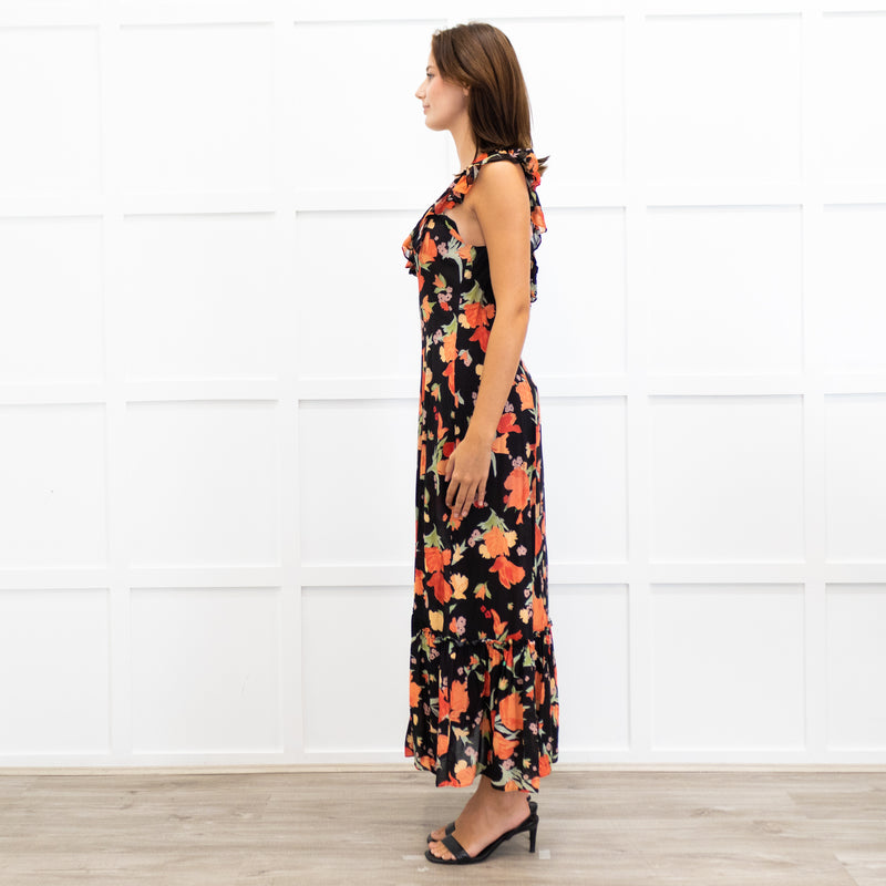 Rixo Black June Floral Square Neck Off Shoulder Midi Dress