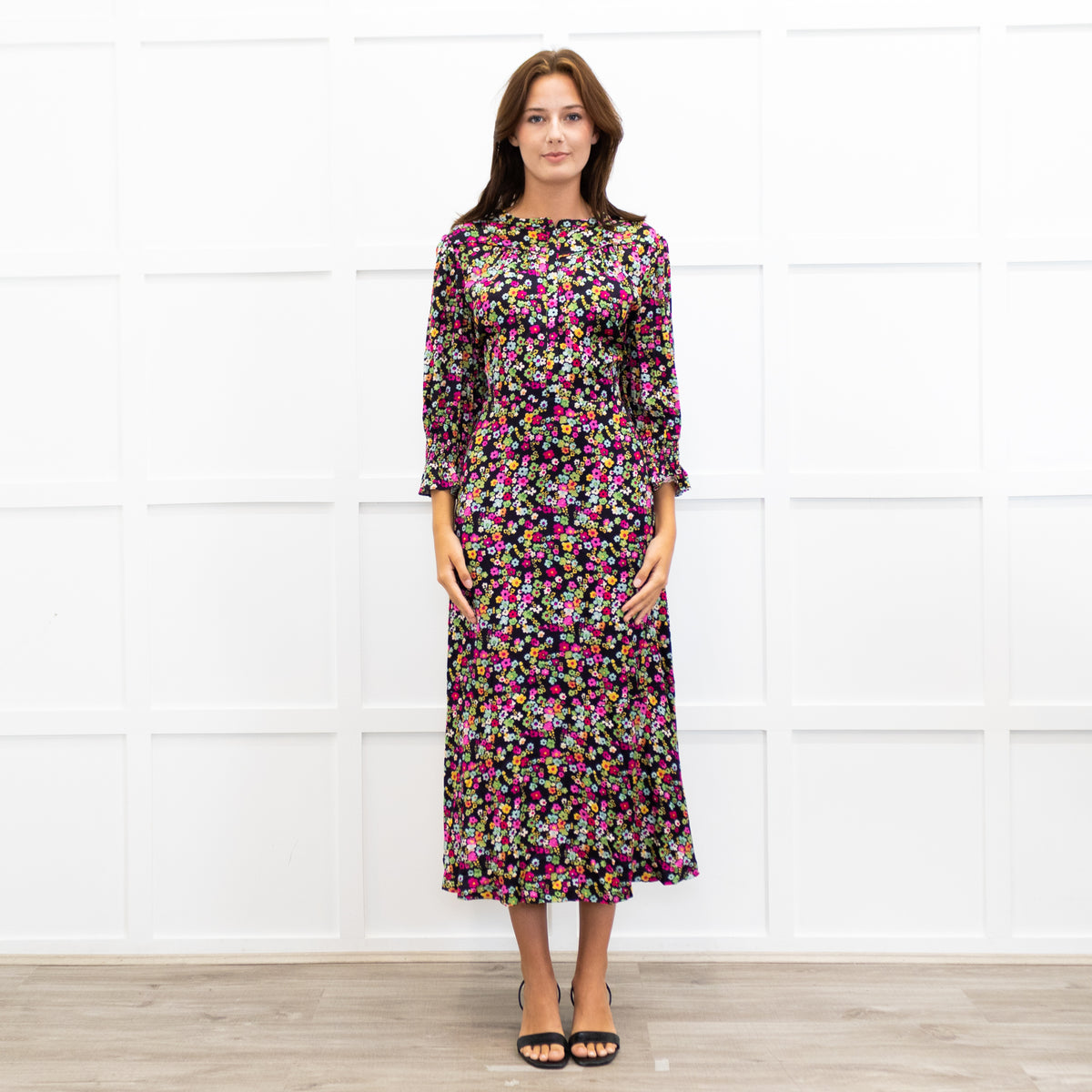 Wyse Black Sabine Floral  Spot Print Midi Dress