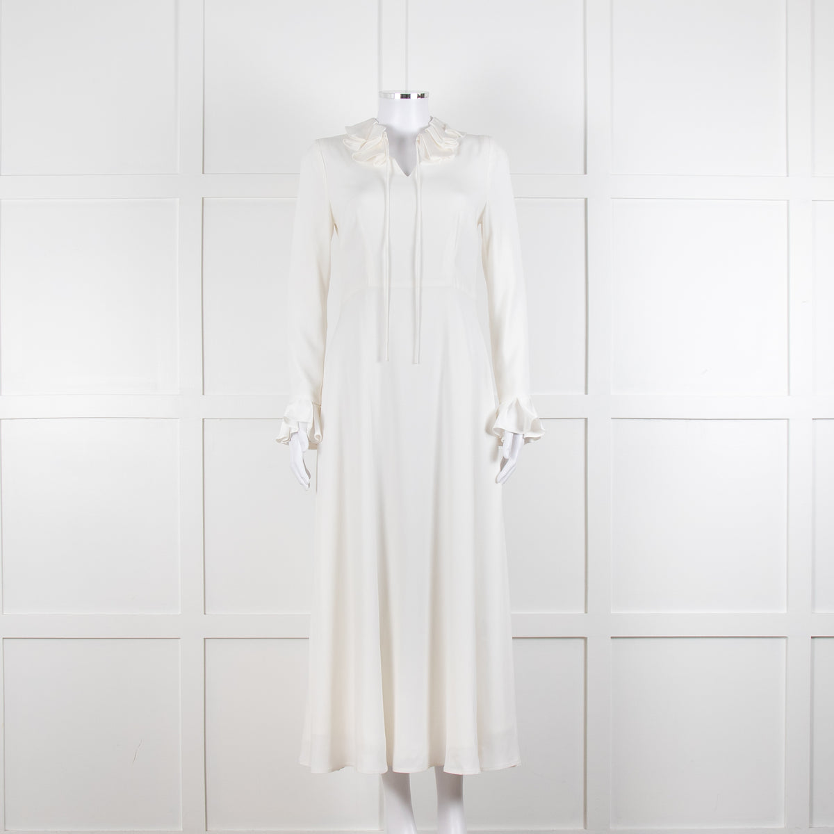 Jane Cream Cady Frill Neck Midi Dress