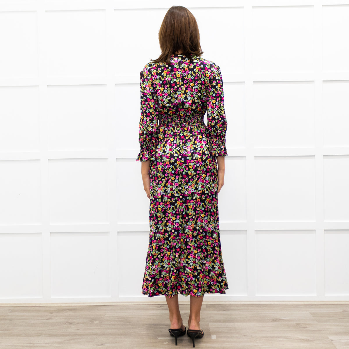 Wyse Black Sabine Floral  Spot Print Midi Dress
