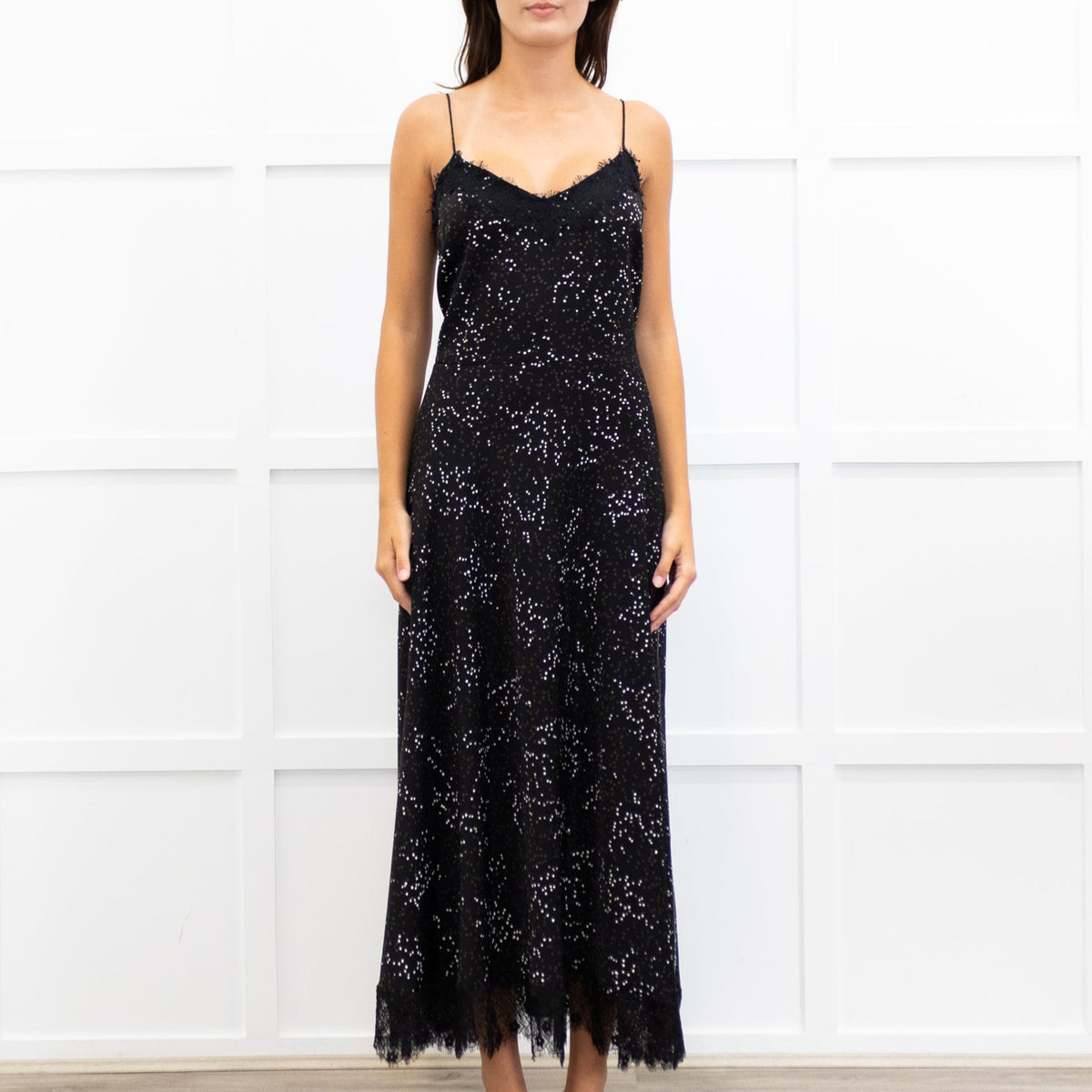 Me + Em Black Lace Trimmed Spotted Print Strappy Maxi Dress