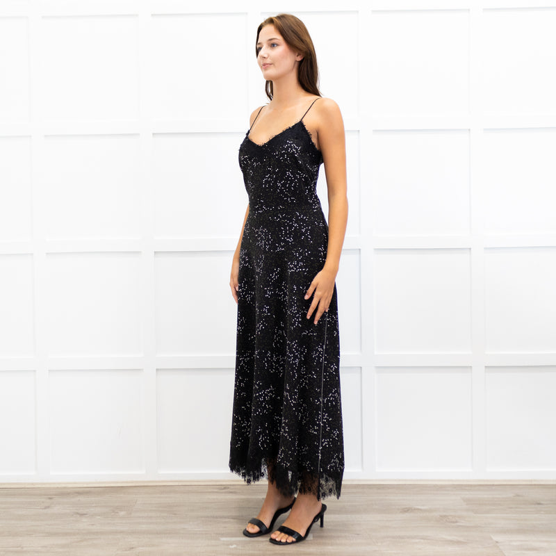 Me + Em Black Lace Trimmed Spotted Print Strappy Maxi Dress