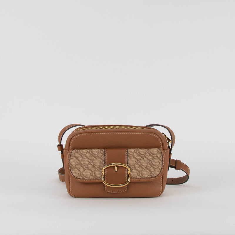 Carolina Herrera Tan Leather Cross Body Bag with Canvas Trim