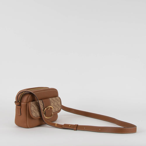 Carolina Herrera Tan Leather Cross Body Bag with Canvas Trim