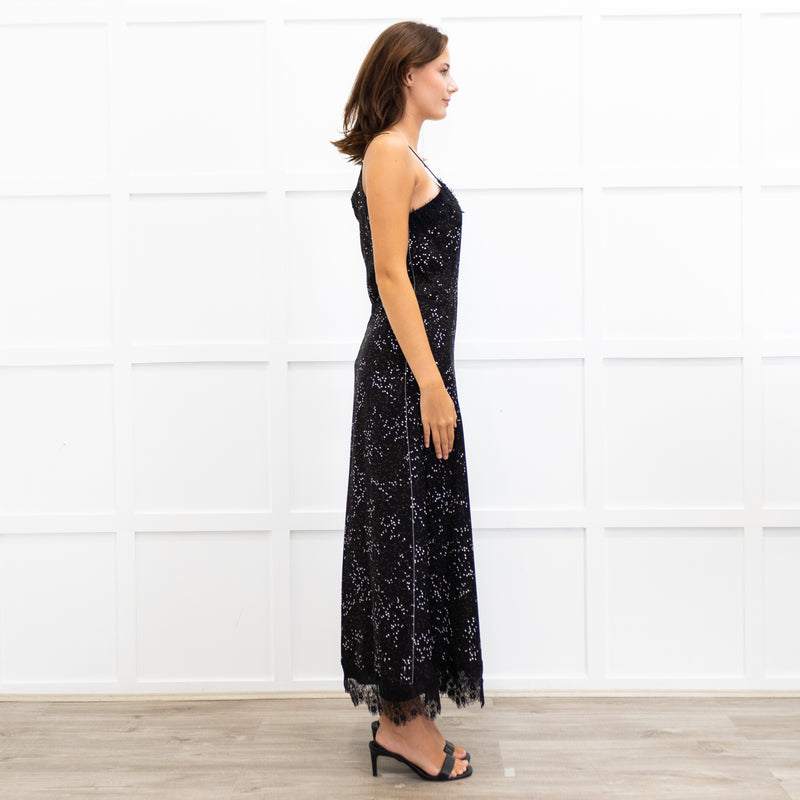 Me + Em Black Lace Trimmed Spotted Print Strappy Maxi Dress