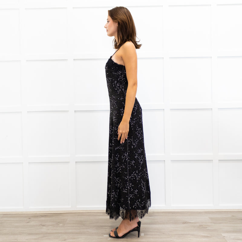 Me + Em Black Lace Trimmed Spotted Print Strappy Maxi Dress