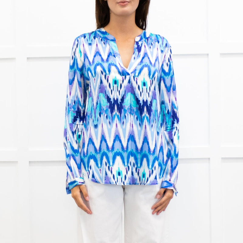 Charlotte Sparre Blue And White Aztec Print Silk Blouse