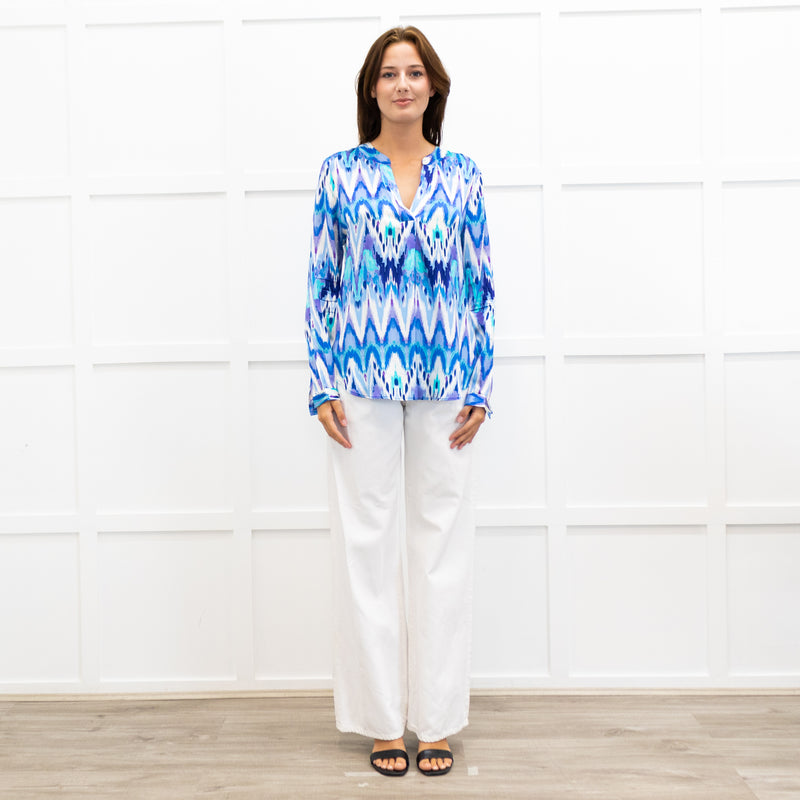 Charlotte Sparre Blue And White Aztec Print Silk Blouse
