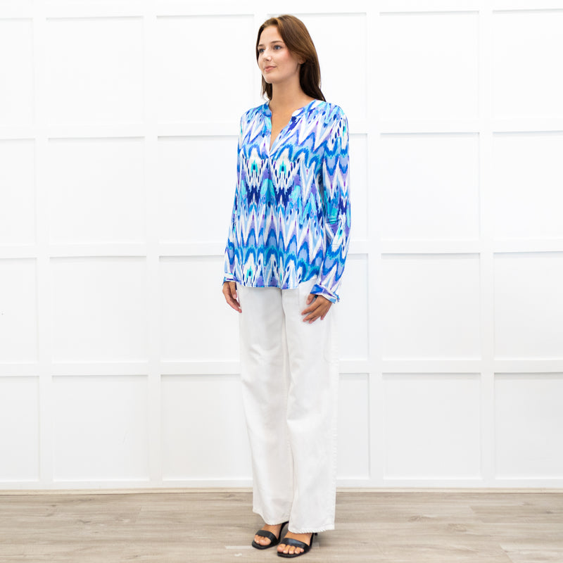 Charlotte Sparre Blue And White Aztec Print Silk Blouse