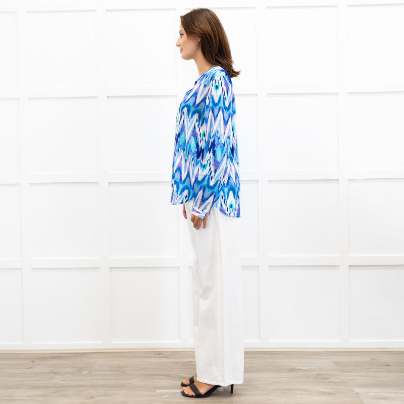 Charlotte Sparre Blue And White Aztec Print Silk Blouse