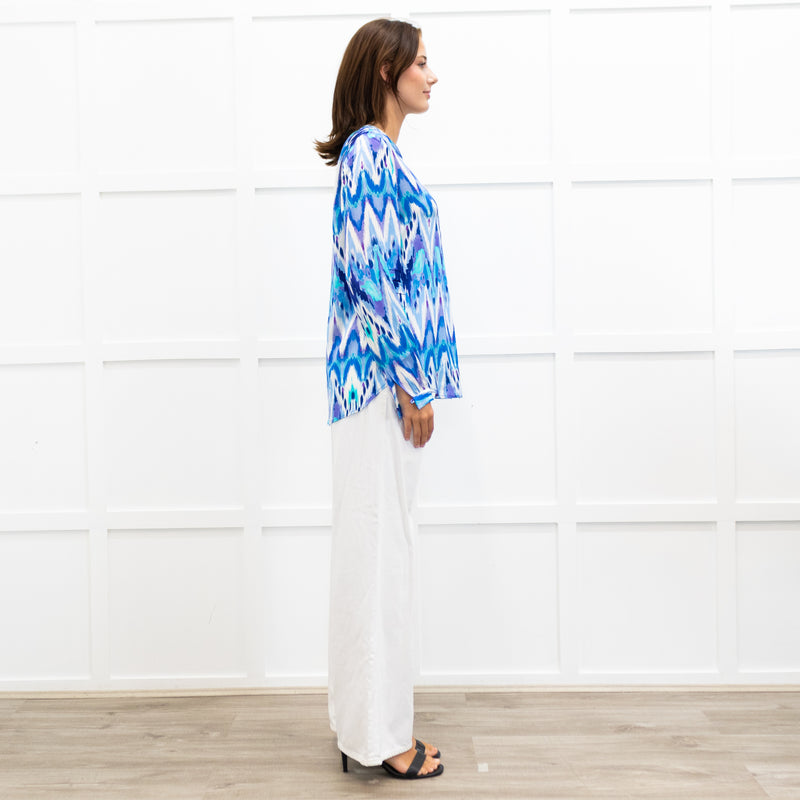 Charlotte Sparre Blue And White Aztec Print Silk Blouse
