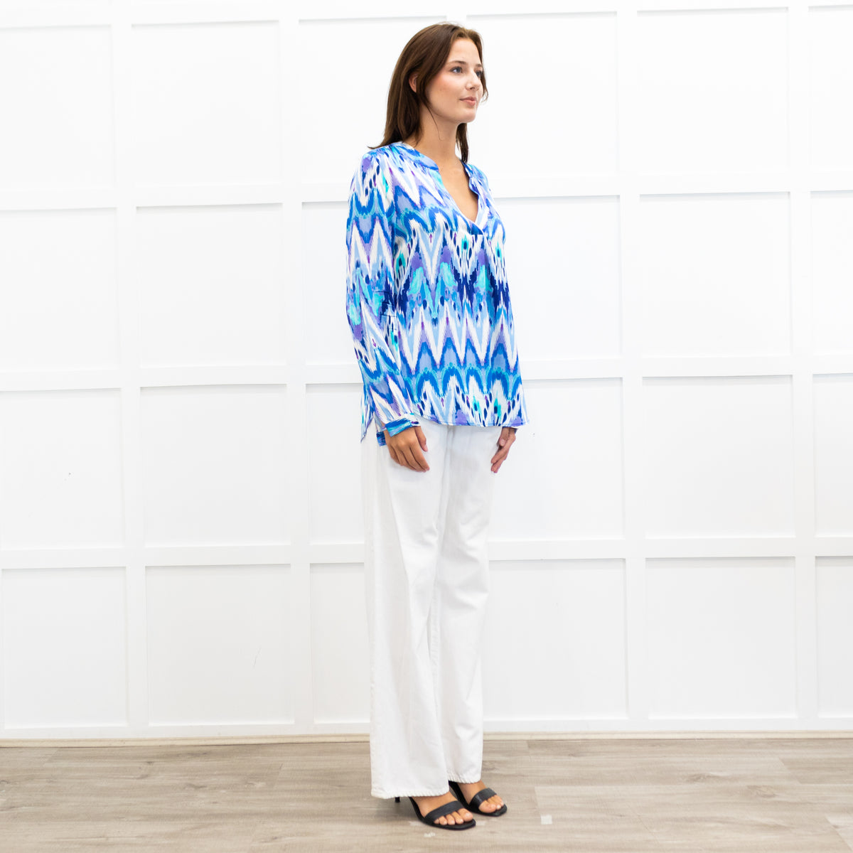 Charlotte Sparre Blue And White Aztec Print Silk Blouse
