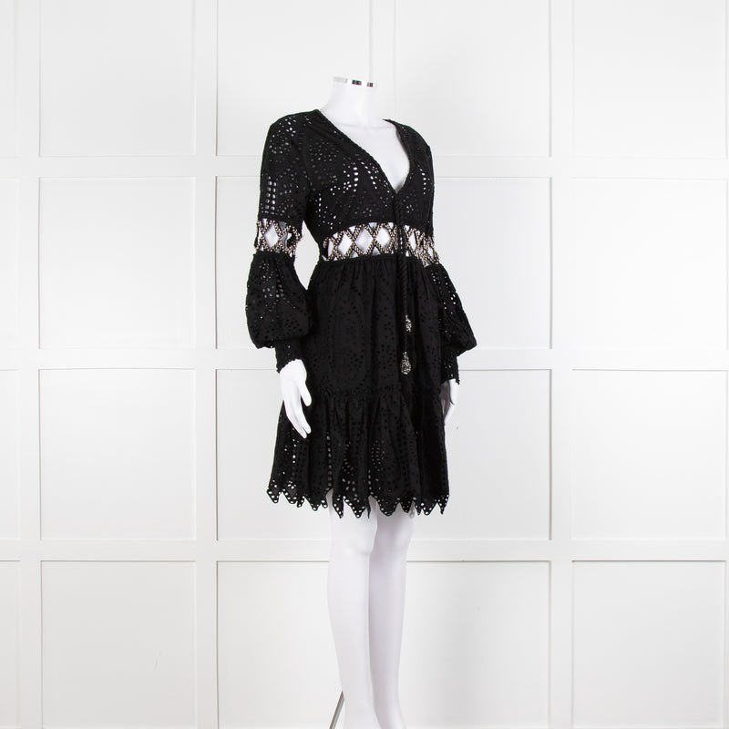 Laurie & Joe Black Broderie Mini Dress with Embellished Waist