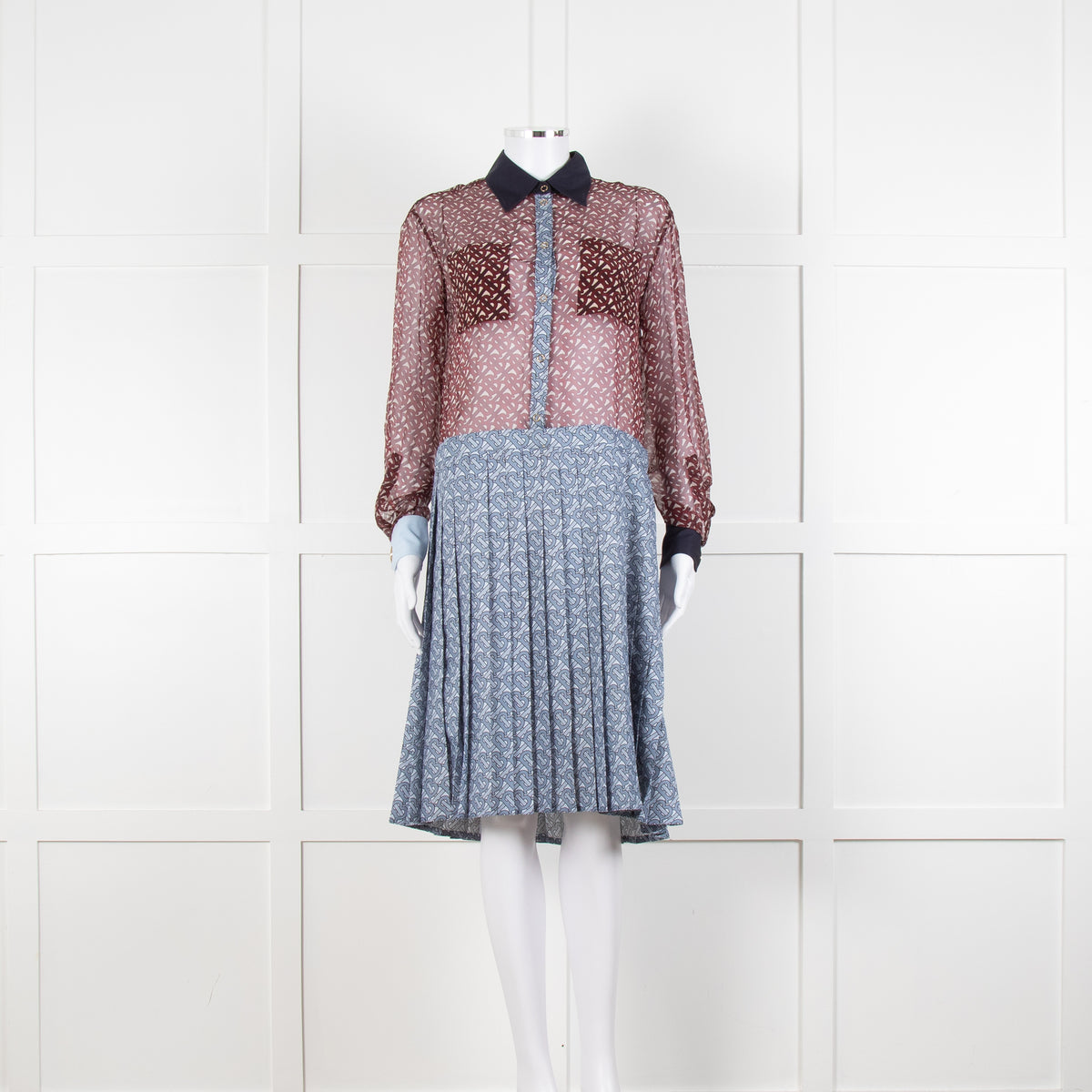 Burberry Shirt Dress with Blue Silk Logo Pleated Skirt and Sheer Burgundy Top