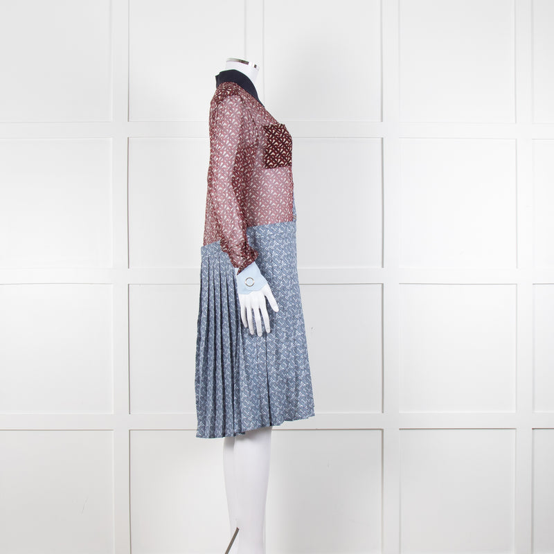 Burberry Shirt Dress with Blue Silk Logo Pleated Skirt and Sheer Burgundy Top