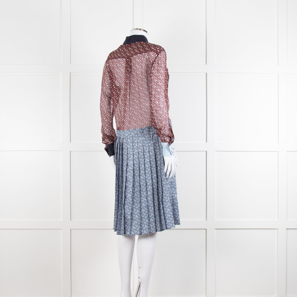 Burberry Shirt Dress with Blue Silk Logo Pleated Skirt and Sheer Burgundy Top