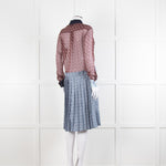 Burberry Shirt Dress with Blue Silk Logo Pleated Skirt and Sheer Burgundy Top