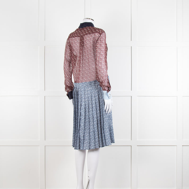Burberry Shirt Dress with Blue Silk Logo Pleated Skirt and Sheer Burgundy Top