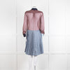 Burberry Shirt Dress with Blue Silk Logo Pleated Skirt and Sheer Burgundy Top