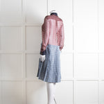 Burberry Shirt Dress with Blue Silk Logo Pleated Skirt and Sheer Burgundy Top