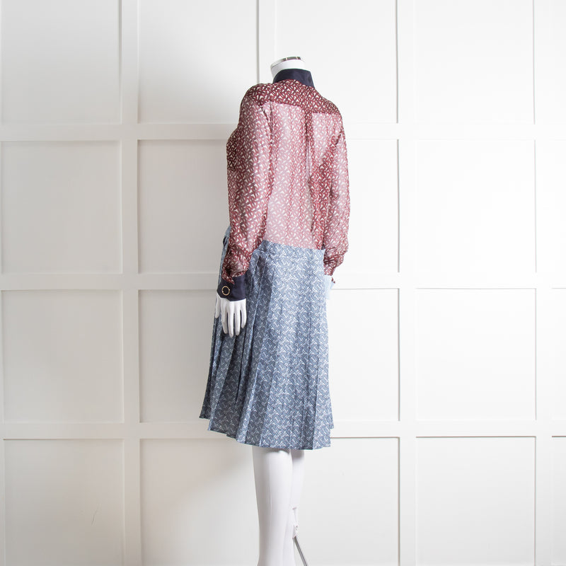 Burberry Shirt Dress with Blue Silk Logo Pleated Skirt and Sheer Burgundy Top