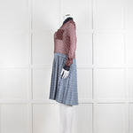 Burberry Shirt Dress with Blue Silk Logo Pleated Skirt and Sheer Burgundy Top