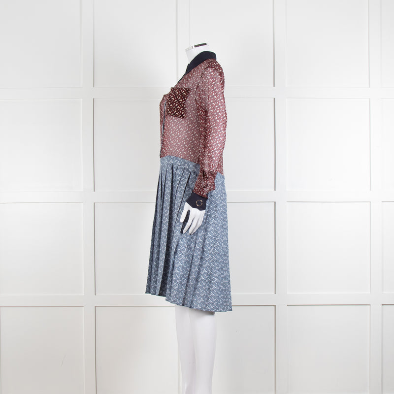 Burberry Shirt Dress with Blue Silk Logo Pleated Skirt and Sheer Burgundy Top
