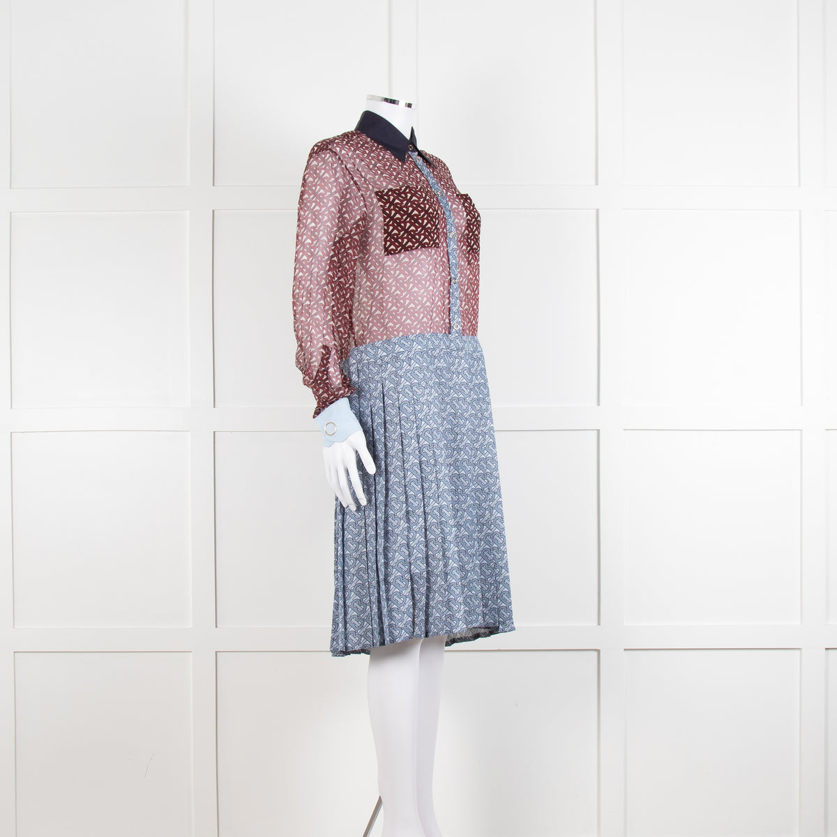 Burberry Shirt Dress with Blue Silk Logo Pleated Skirt and Sheer Burgundy Top