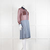 Burberry Shirt Dress with Blue Silk Logo Pleated Skirt and Sheer Burgundy Top