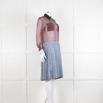 Burberry Shirt Dress with Blue Silk Logo Pleated Skirt and Sheer Burgundy Top