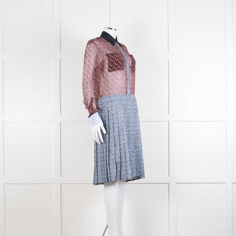 Burberry Shirt Dress with Blue Silk Logo Pleated Skirt and Sheer Burgundy Top