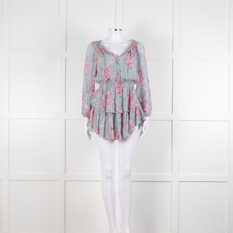 LoveShackFancy Blue and Pink Drop Waist Mini Dress
