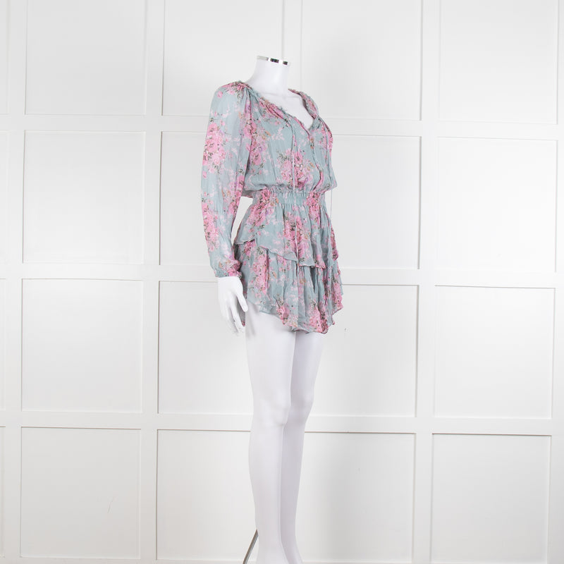 LoveShackFancy Blue and Pink Drop Waist Mini Dress