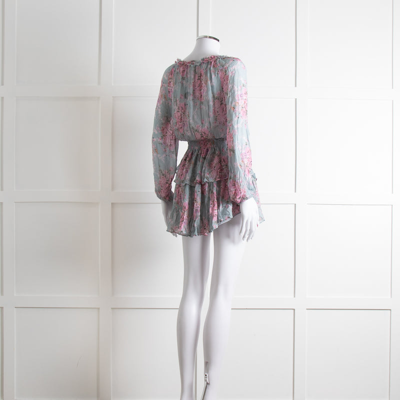 LoveShackFancy Blue and Pink Drop Waist Mini Dress