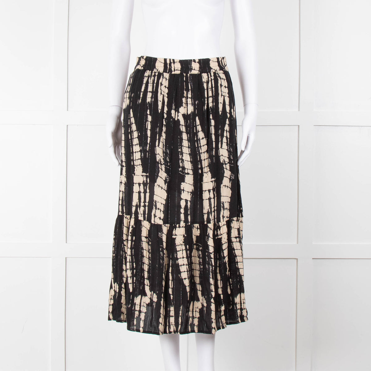 Ba&sh Black and Cream Tie Dye Midi Skirt with Lurex Thread