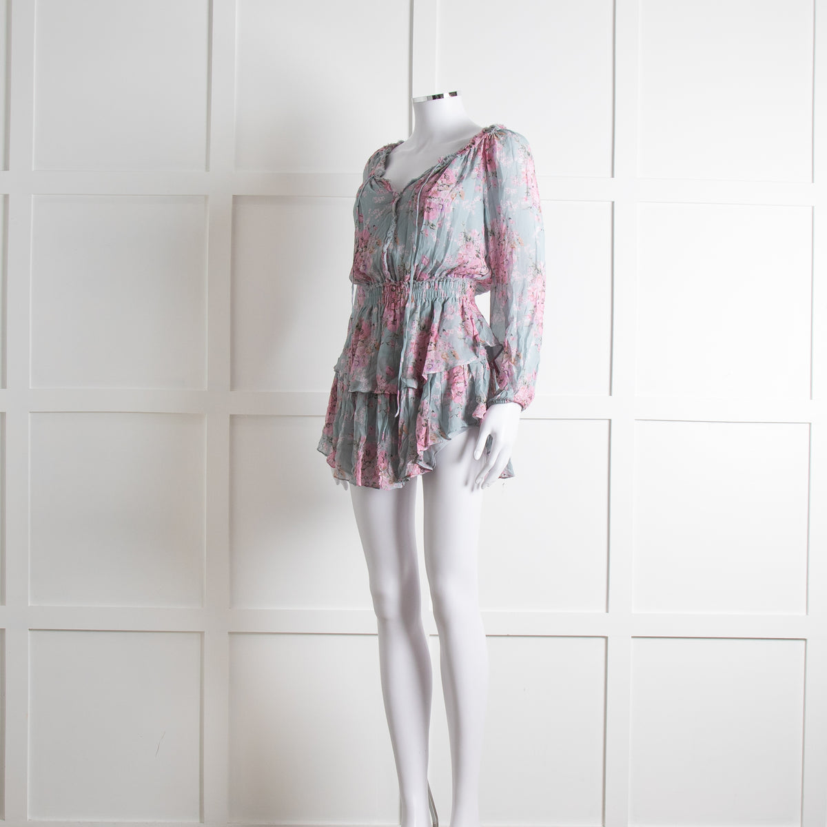 LoveShackFancy Blue and Pink Drop Waist Mini Dress
