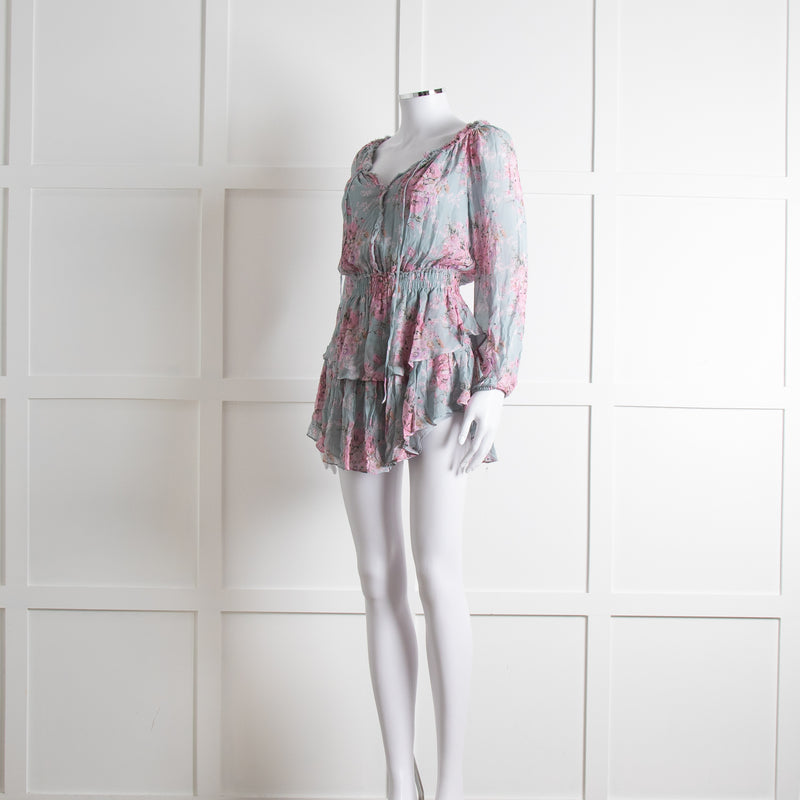 LoveShackFancy Blue and Pink Drop Waist Mini Dress