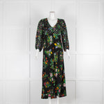 Rixo Black Floral Bonnie Spot Dress with 3/4 Sleeves & Sheer Frill Collar
