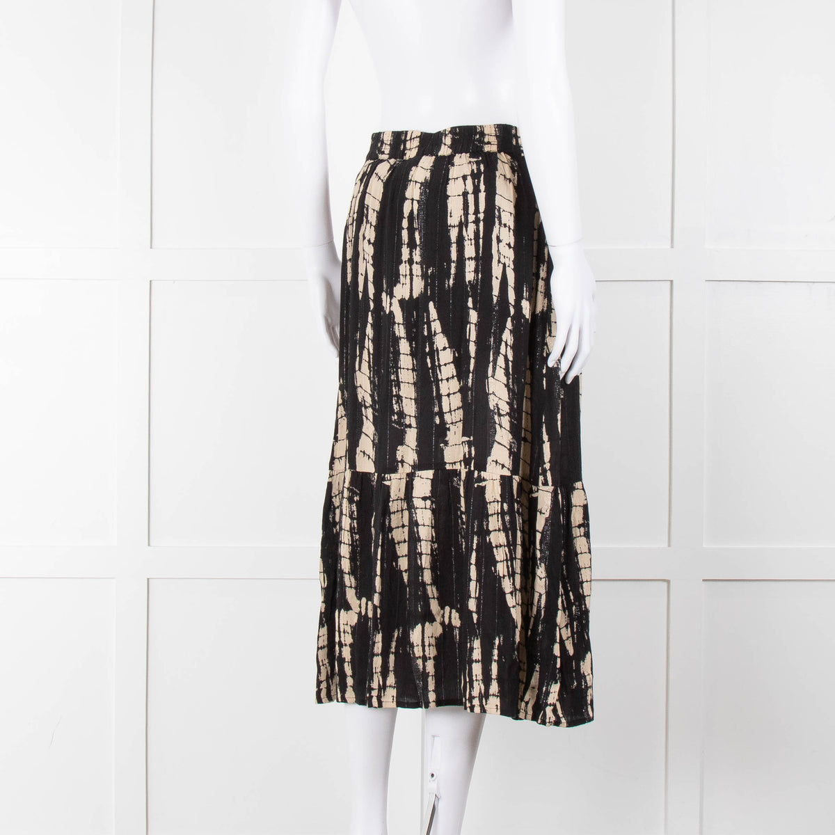 Ba&sh Black and Cream Tie Dye Midi Skirt with Lurex Thread